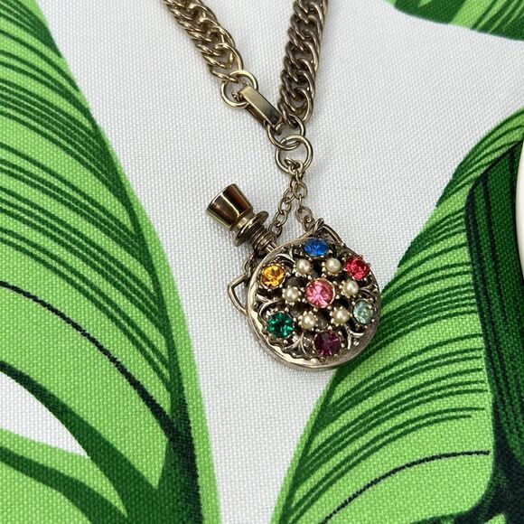 Vintage Gold Link Bracelet With Multi-Color Gem Perfume Holder Charm - Picture 7 of 12